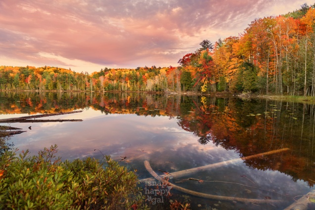 Fall colors and a pretty-in-pink sunset reflect off of Ransom Lake's surface in northern Michigan