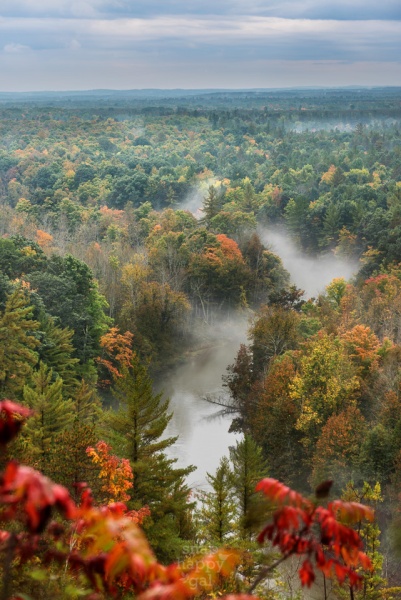 Fog rises out of the Manistee River valley in the early fall