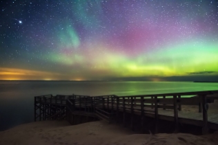 Photo:The northern lights dance over the big Lake Michigan overlook in the Sleeping Bear Dunes