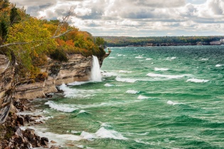 Spray Falls tumbles into Lake Superior at Pictured Rocks
