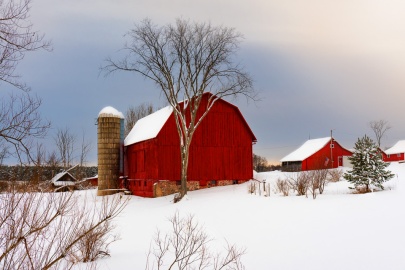 Red Barn in Snow - the sun tries to peek through on a snowy winter day
