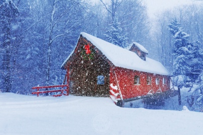 Christmas Covered Bridge - the red Loon Song Covered Bridge lights up a very snowy scene
